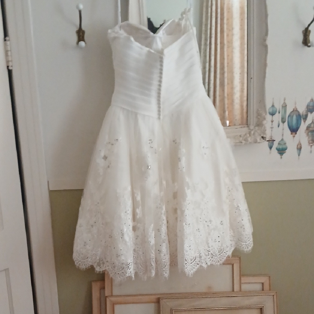 DaVinci White Floral Lace Wedding Dress 12 Tea Length Garden OR Beach Stunning - Picture 7 of 11